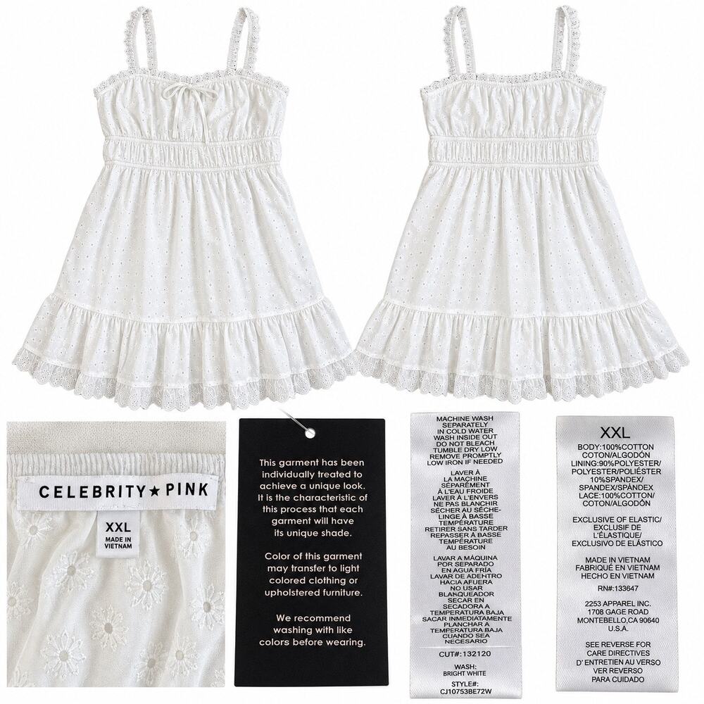 Celebrity Pink Eyelet Dress XXL White Cotton Ruffle Mini Sundress NWT